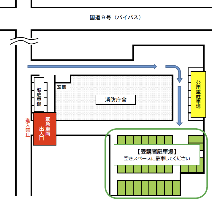 講習会当日の会場案内図（消防本部駐車場）